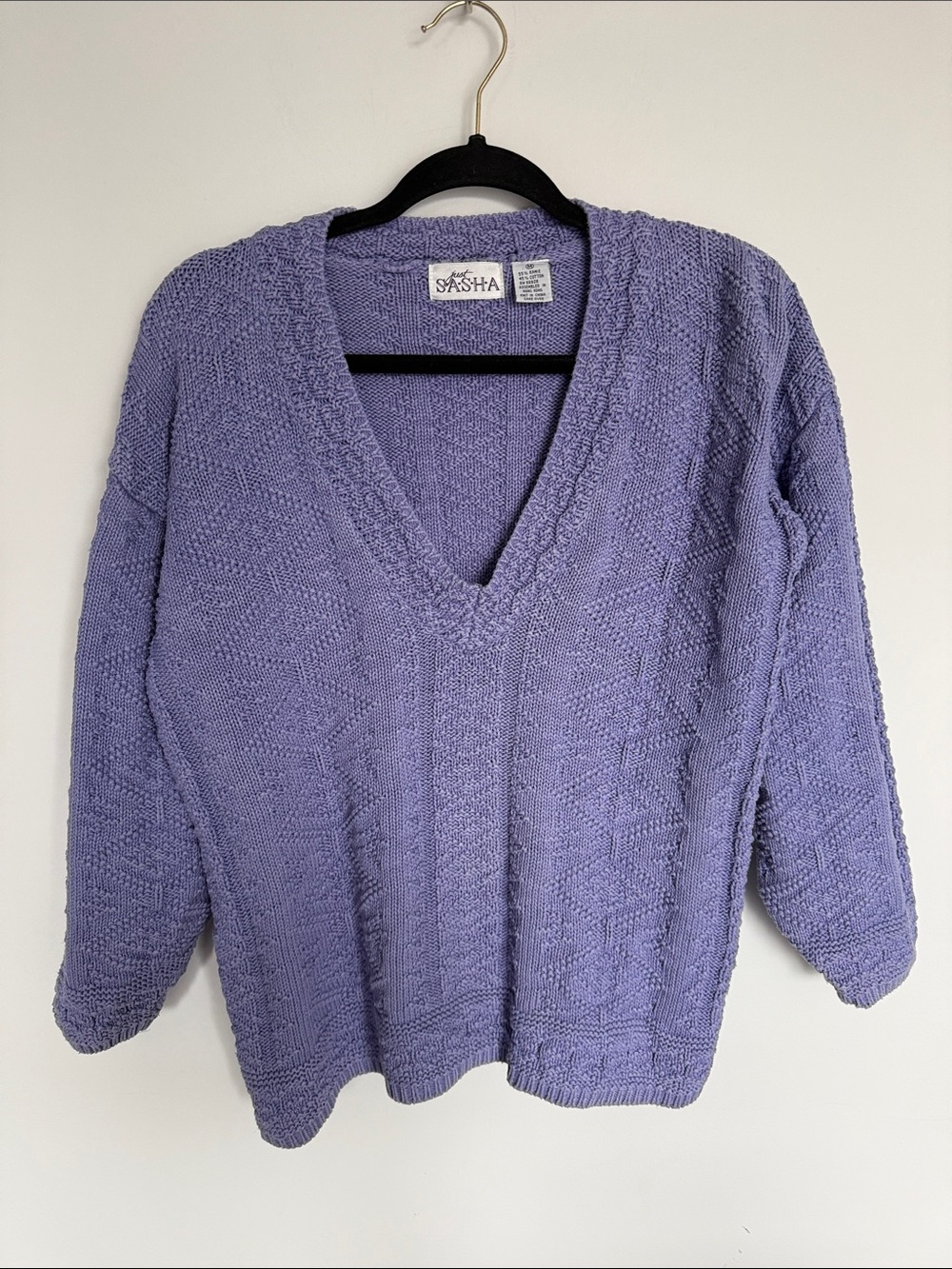 Vintage Just Sasha Lavender Ramie Cotton Chunky Knit V-Neck Sweater M